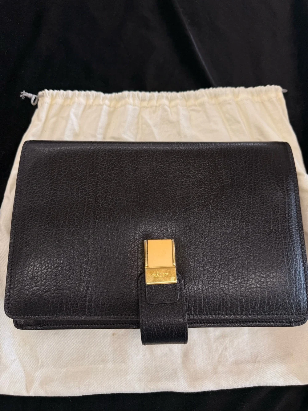 Vintage Bally Black Leather Clutch with Gold Hardware